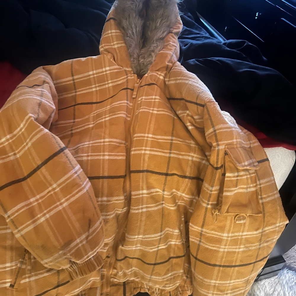 Yellowish/orange Plaid Puffer Jacket with Faux Fur Hood. Recommend cleaners